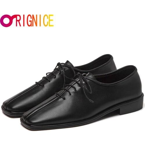 Orignice New Arrival Women Full Genuine Leather Flats Fashion Square Tow Lace Up Solid Color Casual Street Shoes Handmade