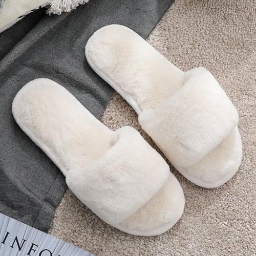 2021 Women Fuzzy Faux Fur Slippers Fluffy Flip Flops Open Toe Cozy House Slides Soft Plush Anti-Slip Indoor Floor Flat Shoes