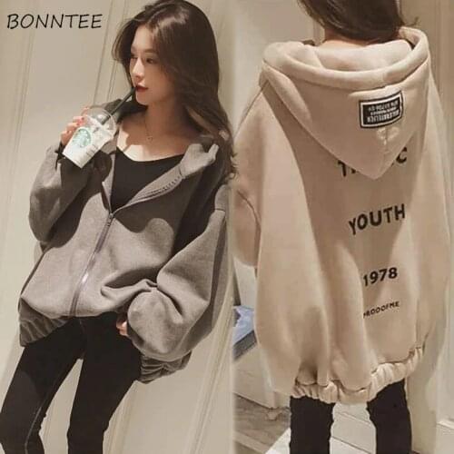 Hoodies Women Letter Printed Loose Hooded Thicker Warm Sweatshirts Students Plus Velvet Long Sleeve Zip-up Womens All-match Chic