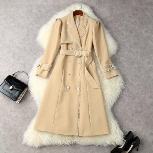 High Quality New Long Coat Trench 2021 Autumn Winter Outerwear Coats Women Hand Made Beading Adjustable Belt Casual Overcoats