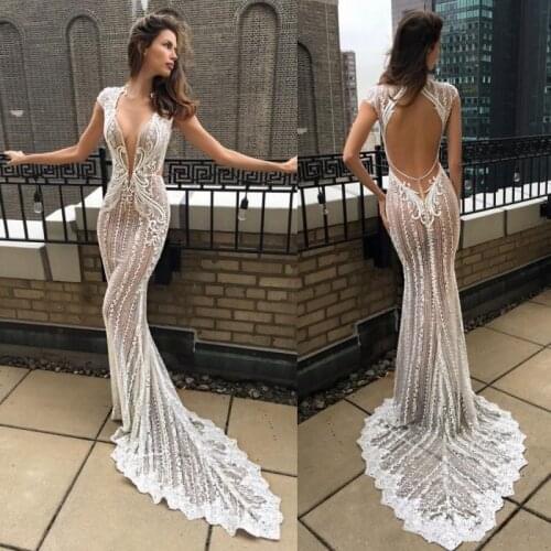 Sexy Berta 2020 Illusion Top Mermaid Wedding Dresses Deep V Neck Lace Appliqued Bridal Gowns Cap Sleeve Beach Vestido De Novia