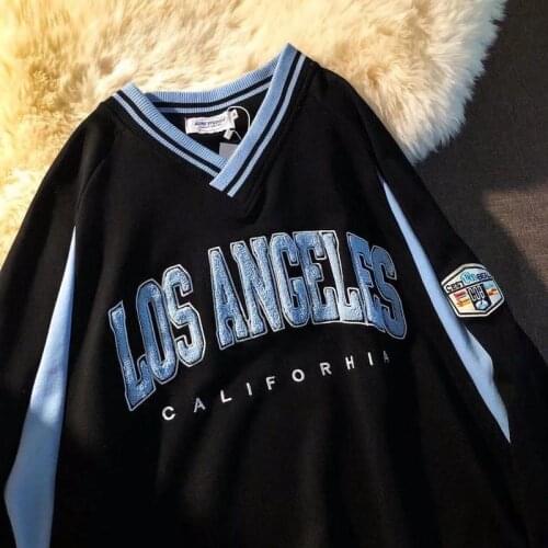 American Vintage Letter Embroidery Loose V Neck Oversized Sweatshirt Women Men Long Sleeve Street Casual Top Teens 2021 Spring