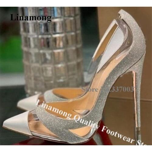 Linamong Brand Pointed Toe Patchwork Glitters Stiletto Heel Pumps Clear PVC Slip-on High Heels Formal Wedding Heels Big Size