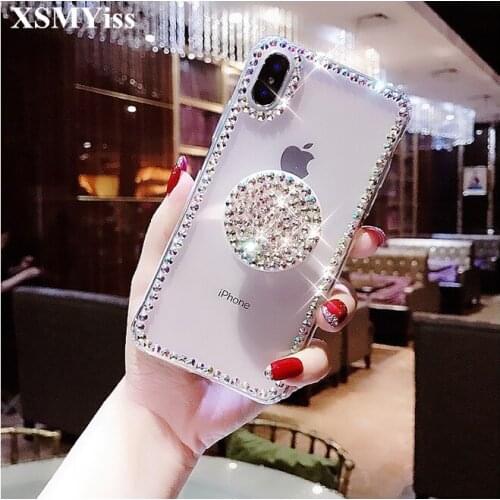 XSMYiss Bling Phone Case For Samsung A9 A8 A6 PLUS A50 A70 A80 Transparent Diamond Ring Holder Cases For Samsung j4 j6 j8 2018