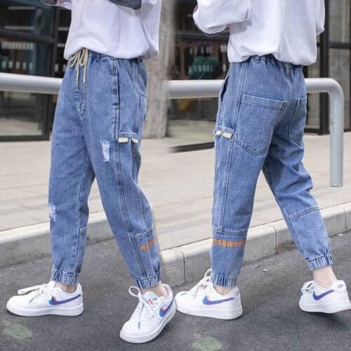 Children Boys Jeans 2021 Spring Kids Denim Pants Boys Casual Big Pocket Jeans Pants 4-13Y Children Letter Straight Trousers