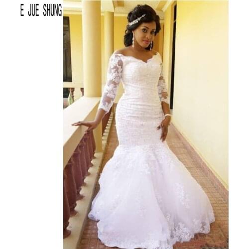 E JUE SHUNG Elegant African Mermaid Wedding Dresses Off the Shoulder V Neck Long Sleeves Lace Appliques Wedding Bridal Gowns