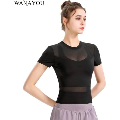 WANAYOU Women Mesh Yoga Shirts Workout Sport Short Sleeve T-Shirt Quick Dry Breathable Gym Top Running Fitness Top Sportwear