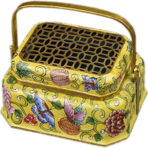 Chinese Fancy Enamel Handmade Painting Small Incense Coil Burner Decoration Vintage Cloisonne Copper Sandalwood Hand Stove Gifts