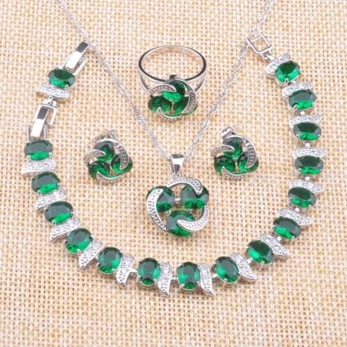Classic Green Crystal Jewelry Sets Womens Wedding Jewelry Silver Color Necklace And Earrings Rings Bracelet Set