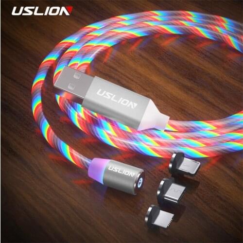 USLION LED Lighting Magnetic USB Cable For iPhone Charger Cable Type C Micro USB C Magnetic Charging For iPhone 12 11 pro Xiaomi