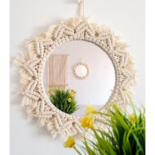 Macrame Mirror Handmade Makeup Mirror Lighted Compact Wall Tapestry Home Porch Mirrors For Home Makeup Bath Room