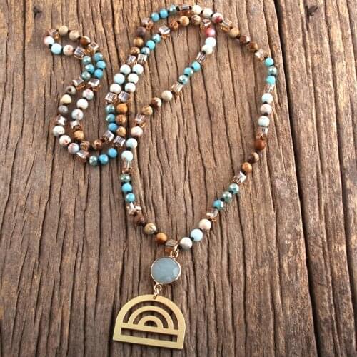 RH Fashion Bohemian Jewelry Accessory 6mm Natural Stones Glass Crystal Knotted Metal Semicircle Pendant Necklace Women Gift