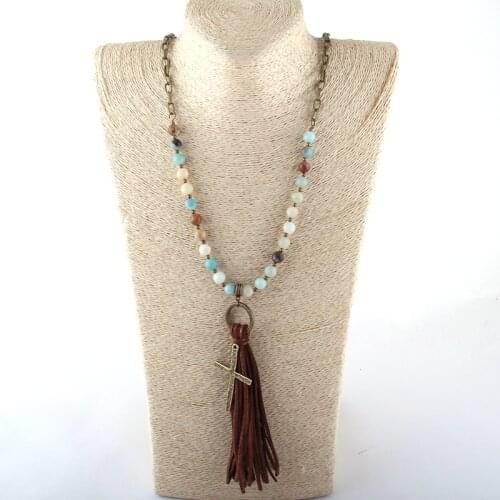 MOODPC Fashion Jewelry Natural Stone Chain Cross Long Tassel Necklaces Women Ethnic Necklace