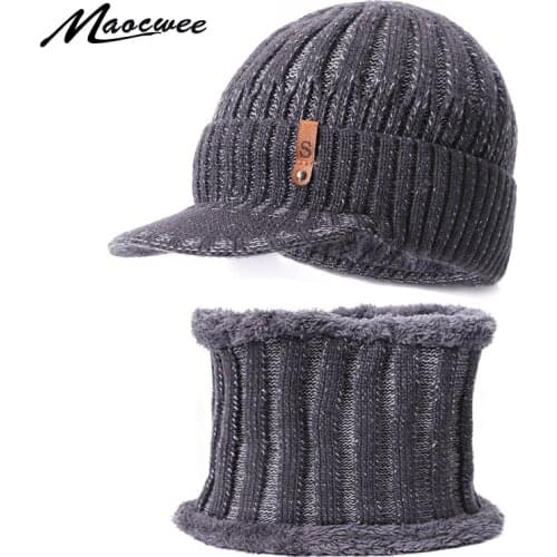 Two Pieces Scarf Hat Set Womans Man Hats Beanie Hats Cap With Brim Unisex Keep Warm Winter Knitted Skullies Crochet Loose Soft