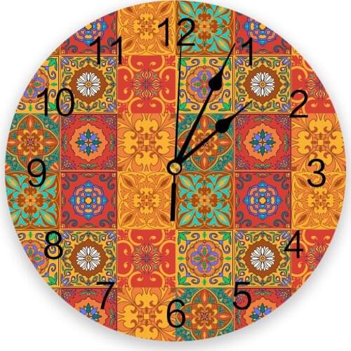 Retro Tile Pattern Image Print Wall Clock Wall Art Silent Non ticking Round Wall Watch for Home Decortaion Best Gift