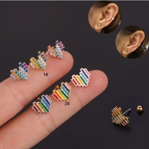 New 1Pc 20g Multicolor Cz Heart Ear Piercing Jewelry for Women Helix Cartilage Earring Tragus Conch Screw Back Stud