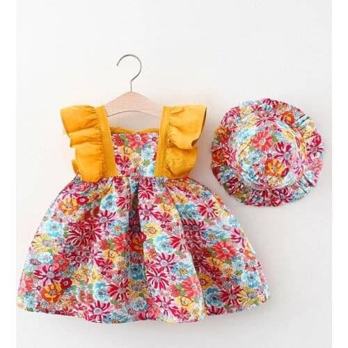 Newborn baby Girls clothes summer floral dress with hats for girls baby clothing 1 year baby birthday princess dresses dress