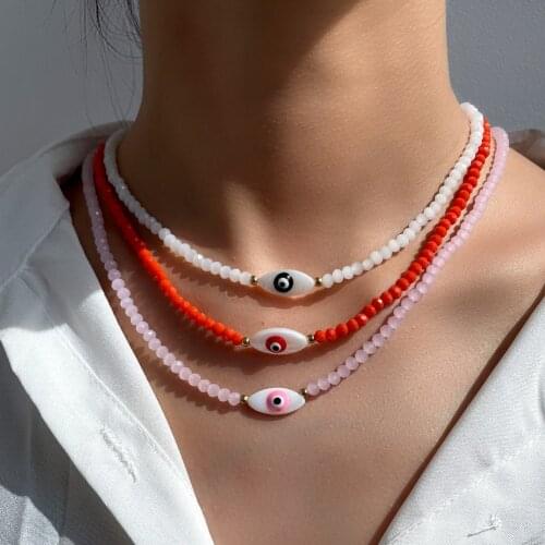 Fashion Evil Eye Crystal Beaded Necklace For Women Natural Shell Choker Necklaces Colorful Glass Bead Strand Handmade Jewelry