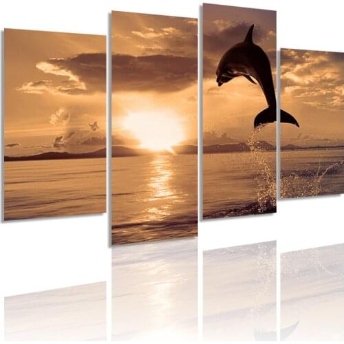 Jumping Dolphin Dusk Landscape 4 Panels Canvas Painting HD Poster Wall Art Print Picture Living Room Interior Home Decor Frame