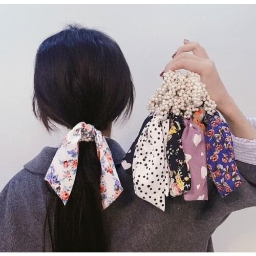 Print Flower Satin Bow Hair Scrunchies Hair Accessories Pearl Elastic Hair Ties Hairband Ponytail Holder Headband Headwear