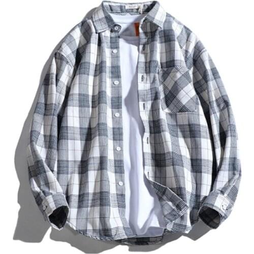 Men Harajuku Color Block Plaid Shirt 2021 Mens Streetwear Chic Turn Down Collar Spring Shirt Long Sleeve Male Vintage Korean Top