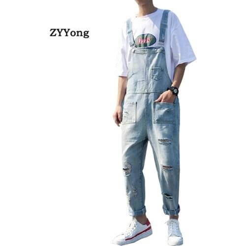 Ripped Men Jeans Bib Overalls Ankle Length Multi-Pocket Hip Hop Hole Denim Jumpsuits Trousers Leisure Tattered Freight Pants