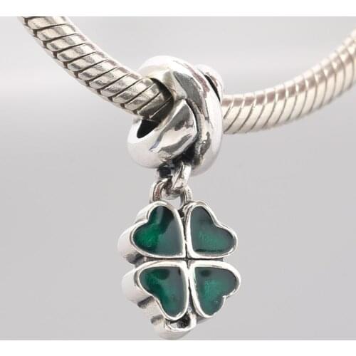S925 Silver Pendant Bead DIY Jewelry Four Leaf Lucky Clover Dangle Charm fit Lady Bracelet Bangle Green Enamel