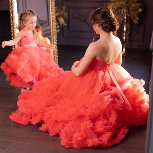 Chic Puffy Ruffle Tulle Dress For Mother and Daughter Tiered Pleated Long Dress Women Photo Shoot Tulle Maternity Robe Dress