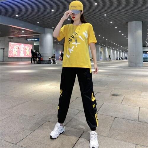 Short Sleeve Sports Suit Womens Summer Tooling Two-piece Suit Womens Loose Short-sleeved + Casual Pants 2-piece Suit Fashion
