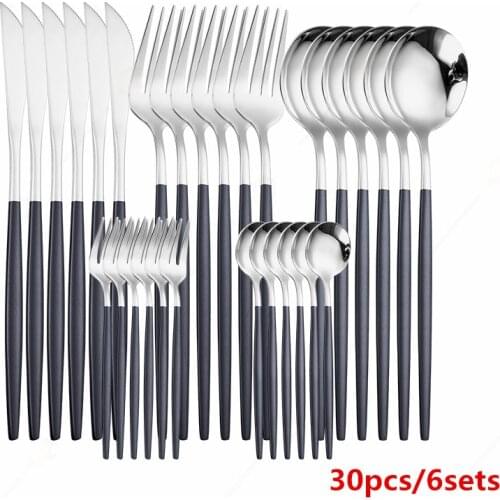 Hot Sale Black Silver Cutlery Dinner Set Stainless Steel Dinnerware Set with Black Handle for Kids Dinning Travel Tableware Set