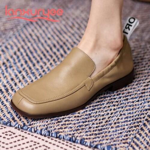Lanxuryee full grain leather square toe low heel soft breathable cozy young lady streetwear deep mouth spring women pumps L47