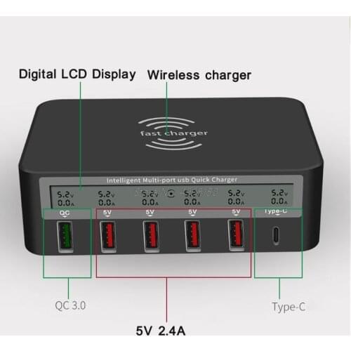 Universal 7-in-1 Type C Qi Wireless Charger 5x USB QC 3.0 Fast Charge With LCD Voltage Current Display For Phone Tablet PC