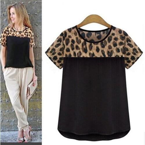 T- Shirt 2021 Summer New Fashion Chiffon Casual Women T Shirt Tops White Black Leopard Print Short Sleeve O Neck Ladies Tees