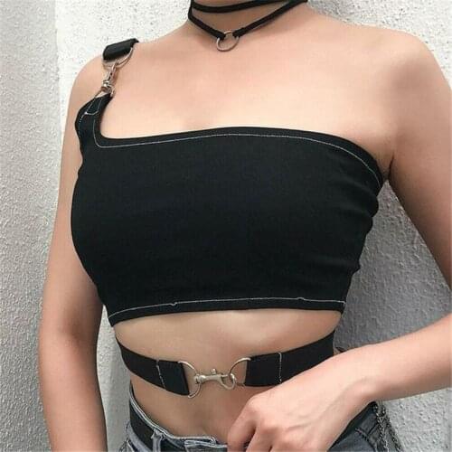 2019 Fashion Summer Women Sexy Black Club Stretch One Shoulder Metal Buckles Crop Top Vest Camis Femme New
