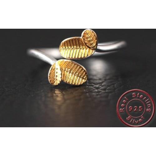 Amxiu Cute Young Leaf Shape Ring Jewelry Two Tones Color Open Rings 925 Silver Rings For Women Students Birthday Graduation Gift