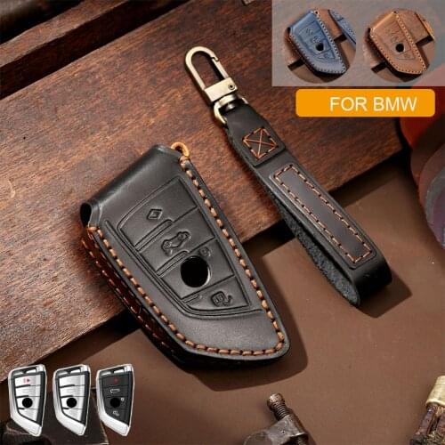 1 Pcs Real Leather Car Key Fob Case Cover Holder With Keychain For BMW 5 7 Series F10 X1 X3 X4 X5 X6 GT Styling Part Accessories