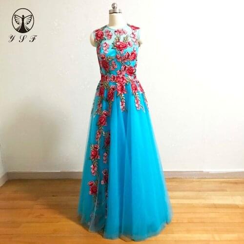 2017 Blue O Neck Colorful Flowers Sleeveless Thigh Side Slit Floor Length Prom Dresses