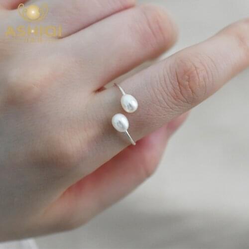 ASHIQI Real Natural Freshwater Double Pearl Ring 925 Sterling Silver Jewelry for Women New Gift