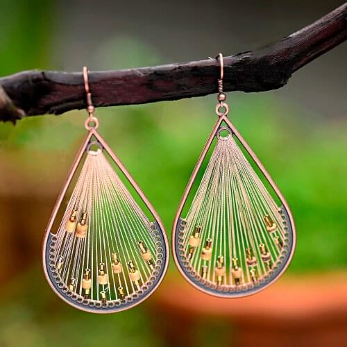 Bohemia Vintage Jewelry National Elements Big Circle of Water Droplets Tibetan Silver Hollow Drop Pendant Earring for Women