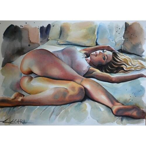 100% Handpainted ORIGINAL ART LARGE WATERCOLOR PAINTING BY ELLECTRA RED NUDE EROTIC