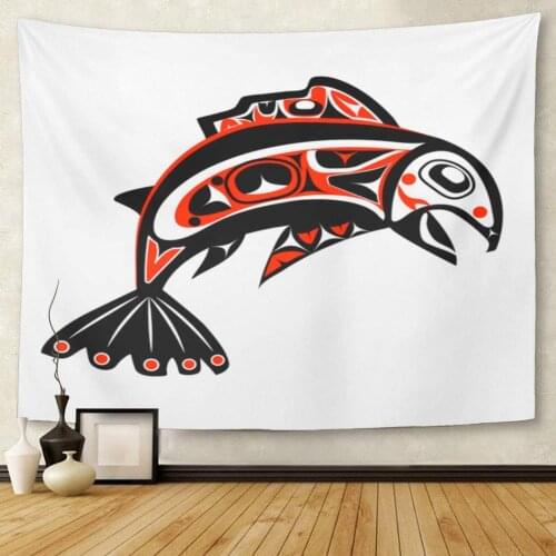Black Haida Salmon Fish in Red on White Northwest American Tapestry Wall Hanging for Living Room Bedroom Dorm 60x80 Inches