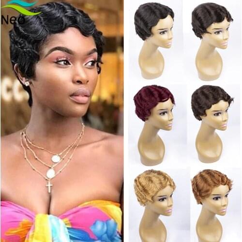 Cheap Human Hair Wigs Finger Wave Short Wig Pixie Cut Machine Human Hair Wigs for Black Women #1B #2 #4 #30 #27 #99j for Summer