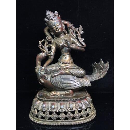 11"Chinese temple collection Old Bronze Cinnabar Lacquer Ride a swan Tara Bodhisattva Buddha Amitabha Shakyamuni Buddha
