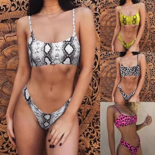 Summer Women Bikini Spaghetti Straps Push Up Bra Briefs Leopard Snakeskin Bathing Suit Swimwear Set Sexy Beach bikini 2021 mujer
