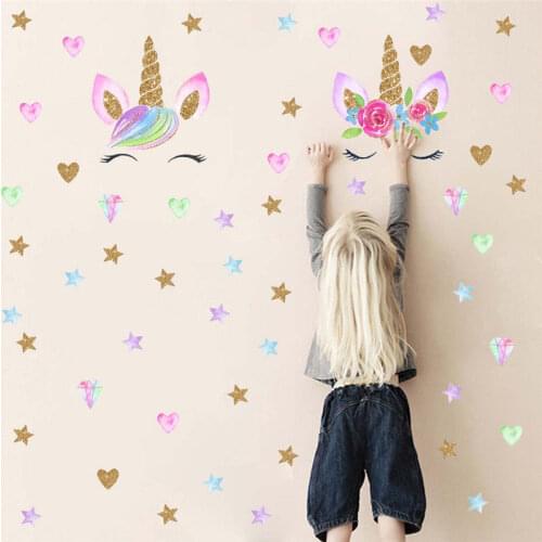 Cute Unicorn & Bling Stars Wall Decal Wall Sticker Wallpaper Art Stickers Vinyl Home Room Wall Decoration