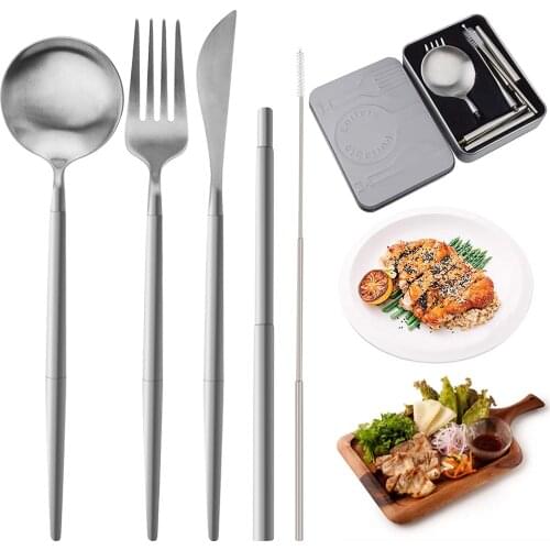 Reusable Travel Utensils Silverware with Case, 5Pcs Stainless Steel Camping Cutlery Set, Portable Flatware Cutlery Set (Silver)