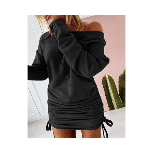 Fashion Sexy Women Pencil Dress Shrinkage Drawstring Design O-Neck Long Sleeve Mid Waist Slim Pullovers Lady Solid Mini Dress