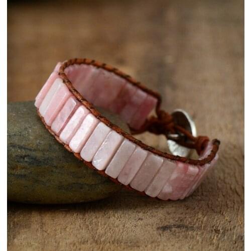 Mens and Womens Popular Pink Natural Stone Hand Woven Leather Bracelet European and American Bohemian Creative Bracelet