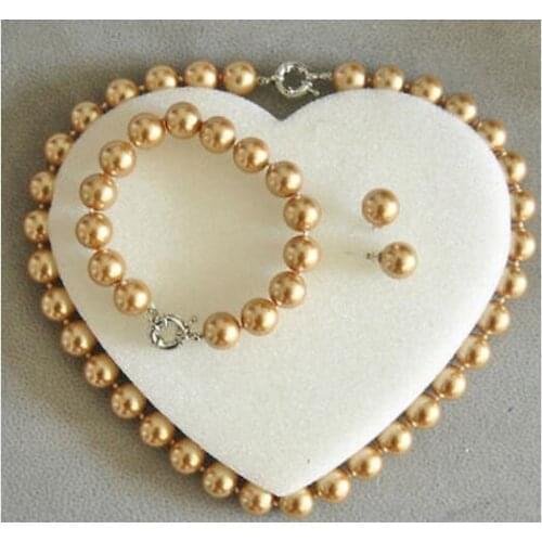 New 10mm Champagne South Sea Shell Pearl Necklace bracelet Earrings Jewelry Set