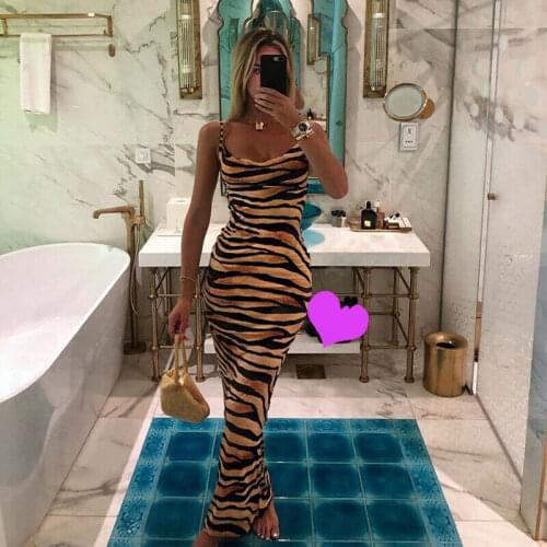 2019 Newest Hot Sexy Women Sleeveless Backless Camis Dress Bodycon Casual Party Club Tiger Skin Printed Maxi Long Dress